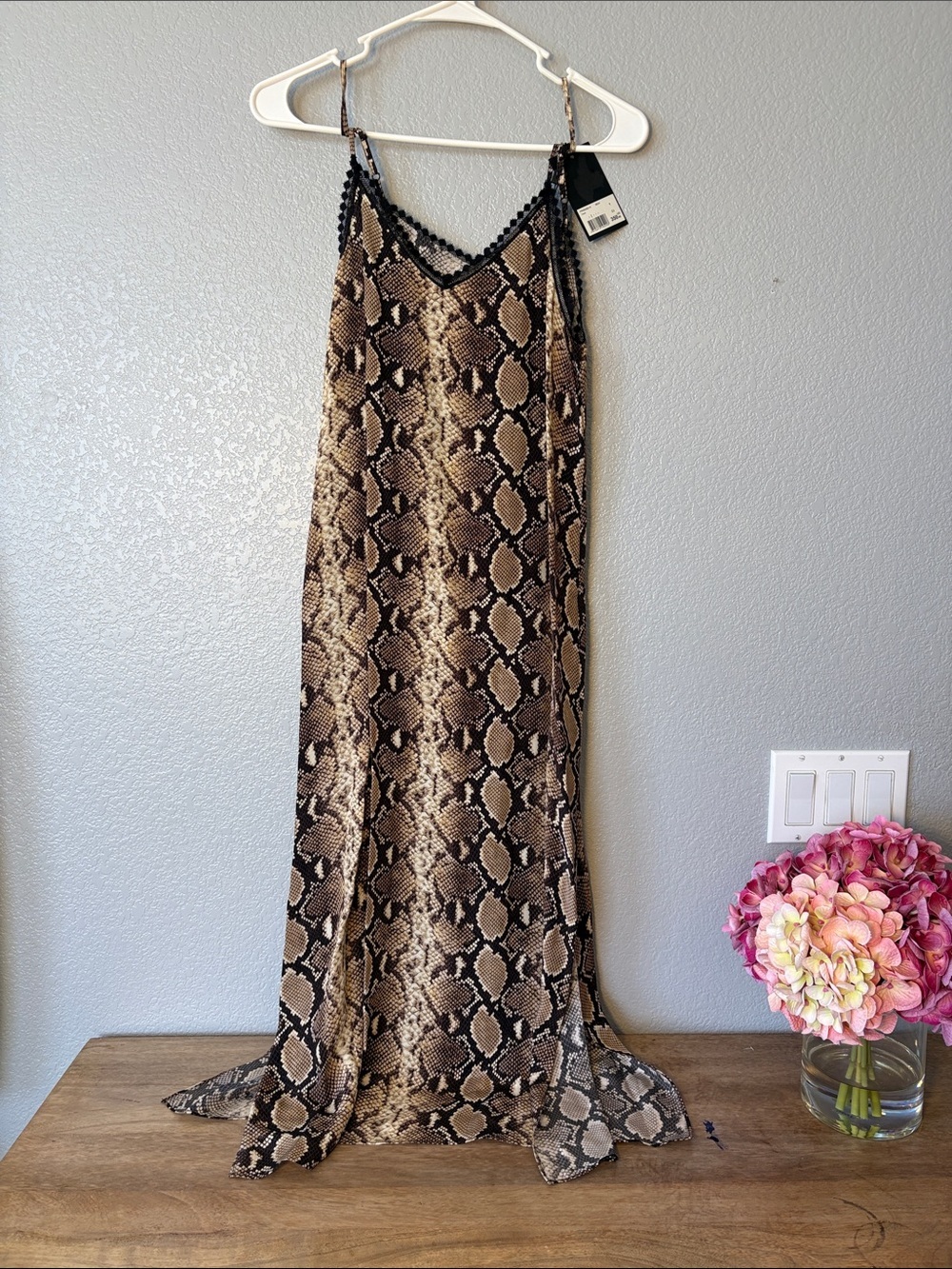 The Kooples Snake-Print Silk Slip Dress — Black & Brown